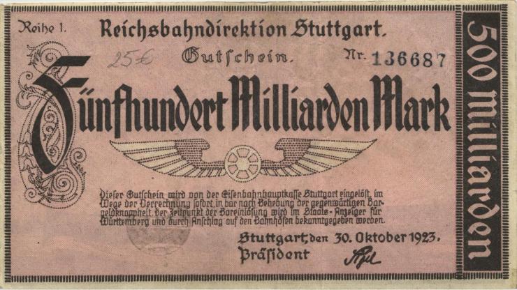 PS1378a Reichsbahn Stuttgart 500 Milliarden Mark 1923 (3) Reihe 1 
