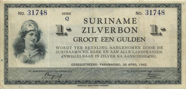 Surinam / Suriname P.105c 1 Gulden 1942 (3) 