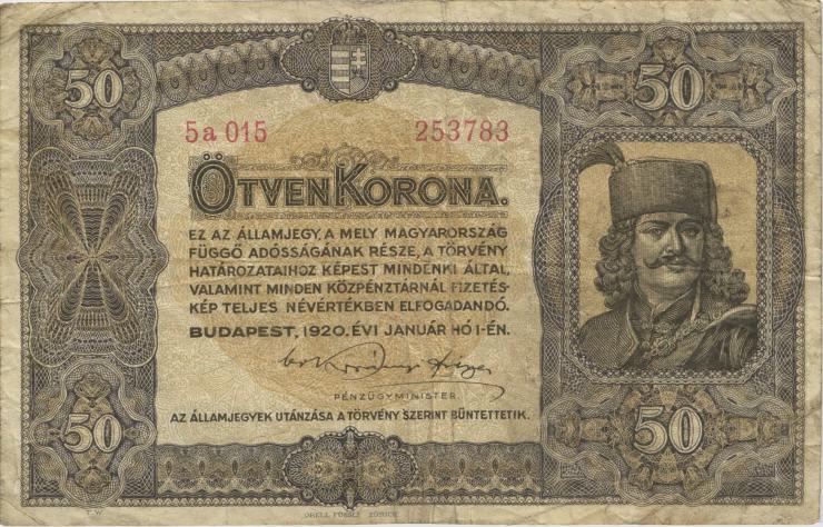 Ungarn / Hungary P.062 50 Kronen 1920 (3-) 