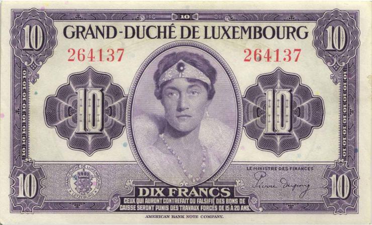 Luxemburg / Luxembourg P.44a 10 Francs (1944) (2) 