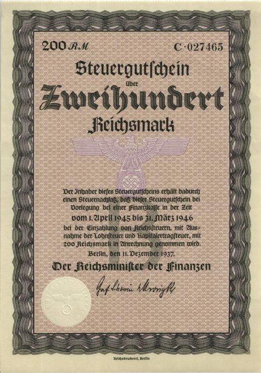 Steuergutschein 200 Reichsmark 1937 (1945) (1) Serie B 