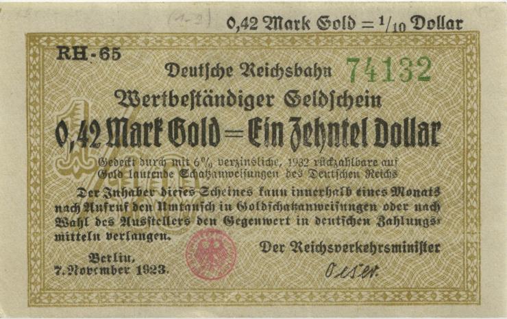 RVM-26a Reichsbahn Berlin 0,42 Mark Gold = 1/10 Dollar RH 1923 (2) 