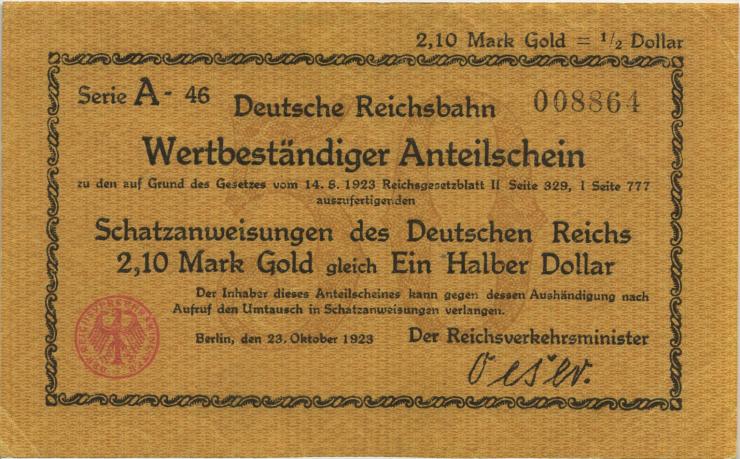 RVM-25 Reichsbahn Berlin 2,10 Mark Gold = 1/2 Dollar 23.10.1923 (2) 