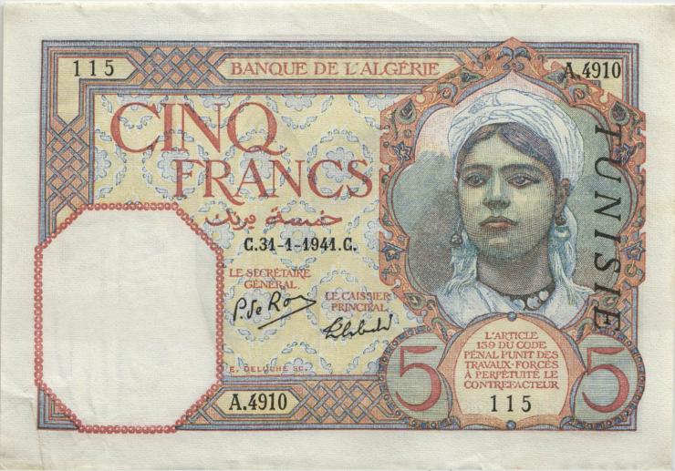 Tunesien / Tunisia P.08b 5 Francs 1941 (3+) 
