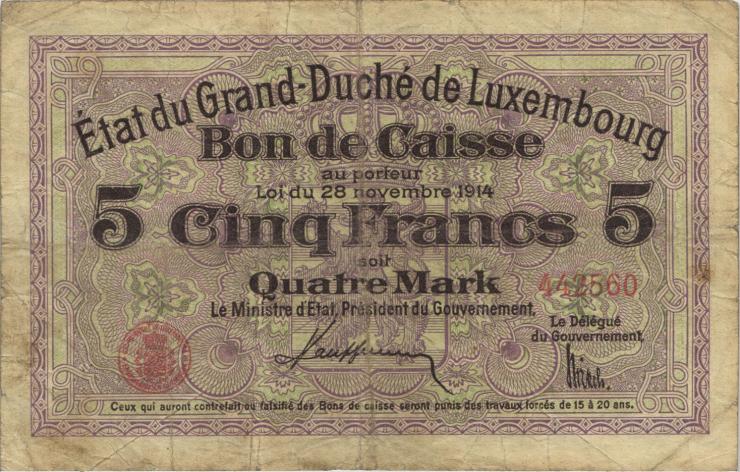 Luxemburg / Luxembourg P.23A 5 Francs = 4 Mark 1914 (4+) 