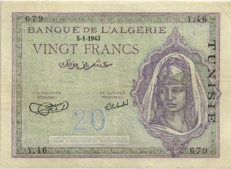 Tunesien / Tunisia P.017 20 Francs 5.1.1943 (3) 
