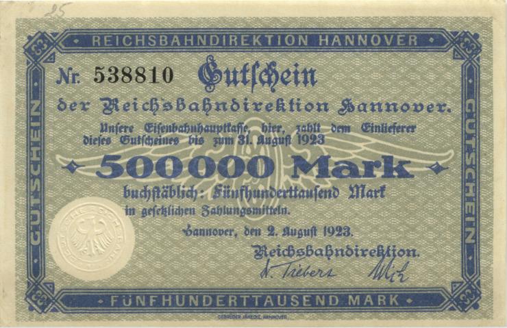 PS1254b Reichsbahn Hannover 500.000 Mark 1923 (1) "mit Kenn-Nummer" 