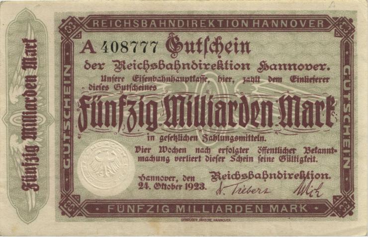 PS1257a Reichsbahn Hannover 50 Milliarden Mark 1923 A (3) 