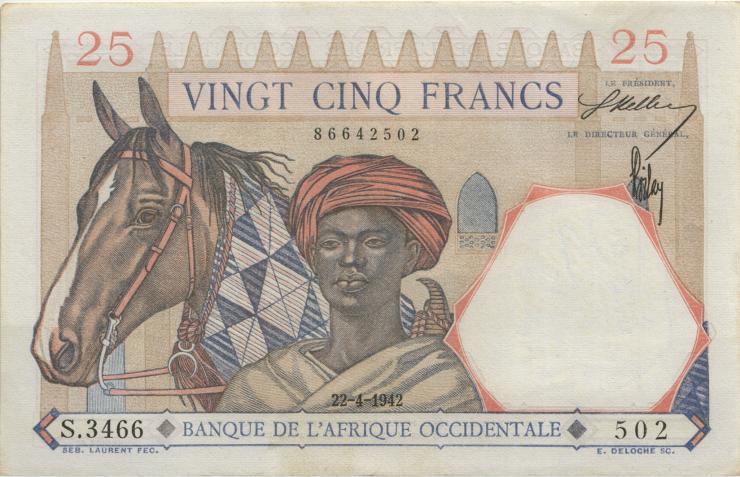 Franz. Westafrika / French West Africa P.27 25 Francs 1942 (1-) 