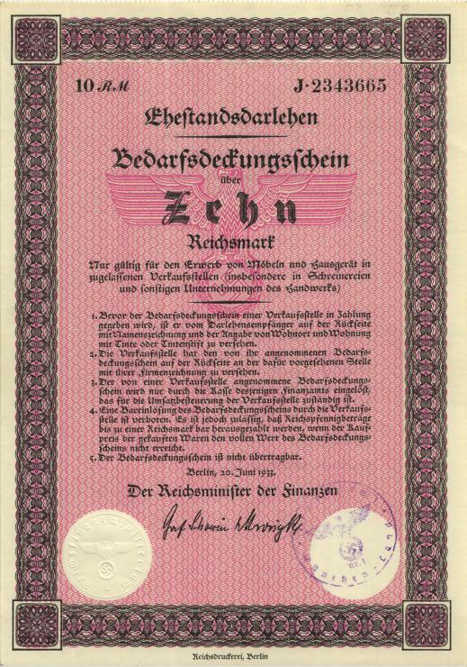 Ehestandsdarlehen 10 Reichsmark 1933 (1) mit Stempel 