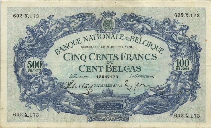 Belgien / Belgium P.109 500 Francs = 100 Belgas 1938 (3+) 