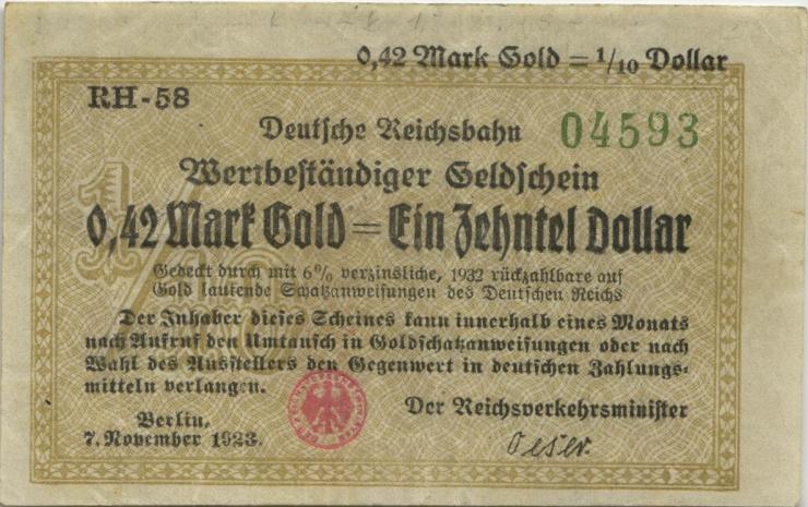 RVM-26a Reichsbahn Berlin 0,42 Mark Gold = 1/10 Dollar RH 1923 (3) 