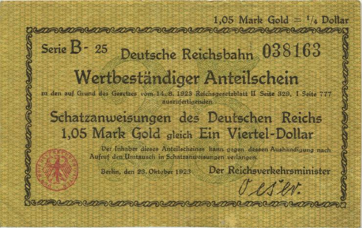 RVM-24 Reichsbahn Berlin 1,05 Mark Gold = 1/4 Dollar 23.10.1923 (3) 