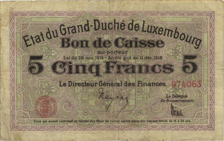 Luxemburg / Luxembourg P.23 5 Francs = 4 Mark 1914 (4+) 
