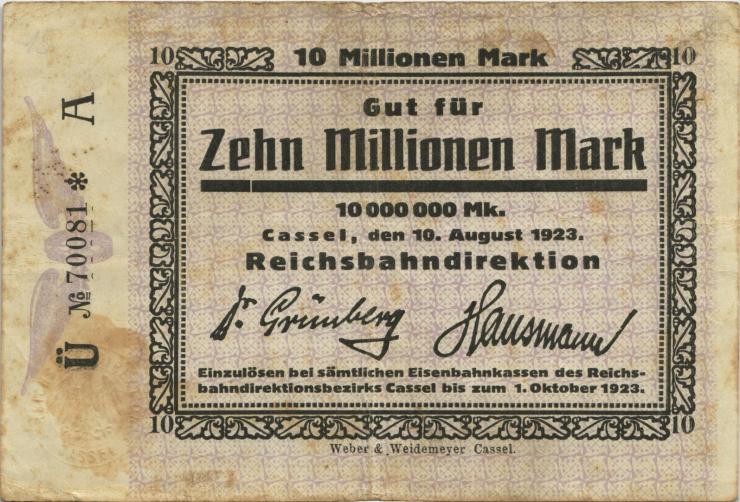 PS1162 Reichsbahn Kassel 10 Millionen Mark 1923 A (4) 