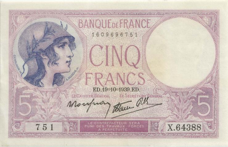 Frankreich / France P.083 5 Francs 19.10.1939 (1-) 