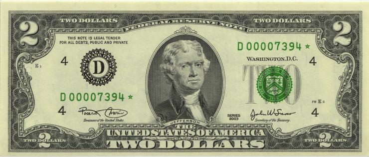 USA / United States P.516ar 2 Dollars 2003 D* Ersatznote /replacement (1) 