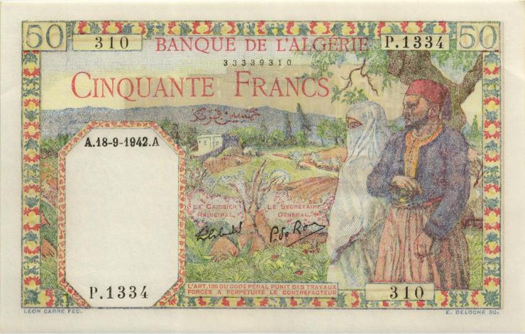 Algerien / Algeria P.087 50 Francs 18.9.1942 (1) 