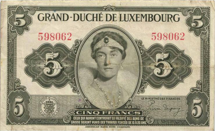 Luxemburg / Luxembourg P.43a 5 Francs (1944) (3) 