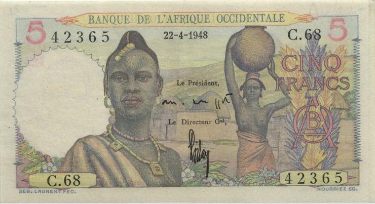 Franz. Westafrika / French West Africa P.36 5 Francs 22.4.1948 (2+) 