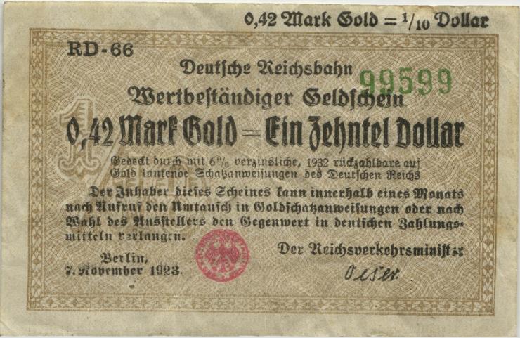 RVM-26a Reichsbahn Berlin 0,42 Mark Gold = 1/10 Dollar RD 1923 (3) 
