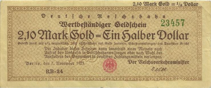RVM-28b Reichsbahn Berlin 2,1 Mark Gold = 1/2 Dollar RB 7.11.1923 (3) 