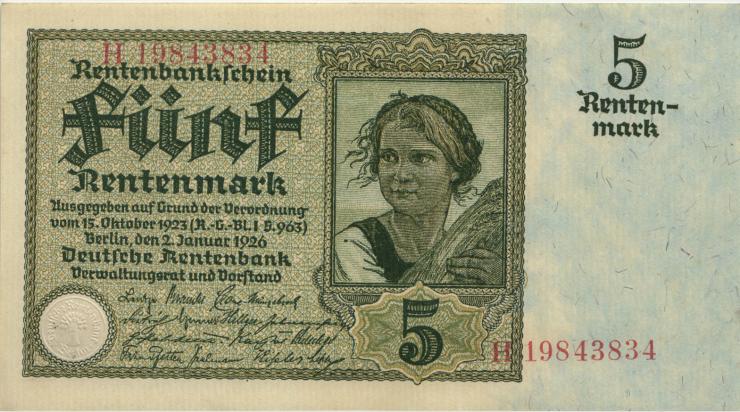 R.164b: 5 Rentenmark 1926 (1-) 8-stellig  Serie H 