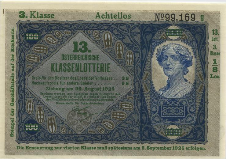 Österreich Donaustaat / Austria P.S154 100 Kronen (1923-37) (1) 13 Klassenlotterie 3. Klasse 