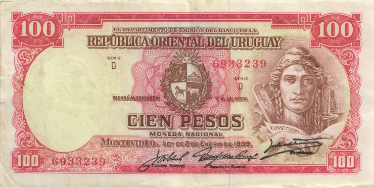 Uruguay P.039c 100 Pesos L. 1939 (3+) 