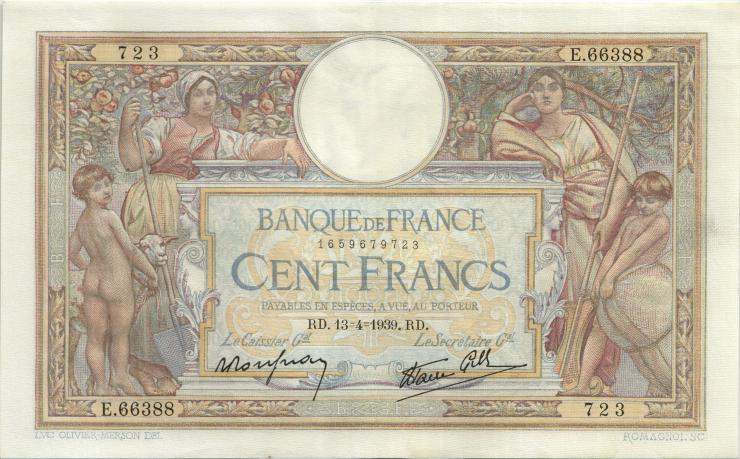 Frankreich / France P.086b 100 Francs 1939 (2) 