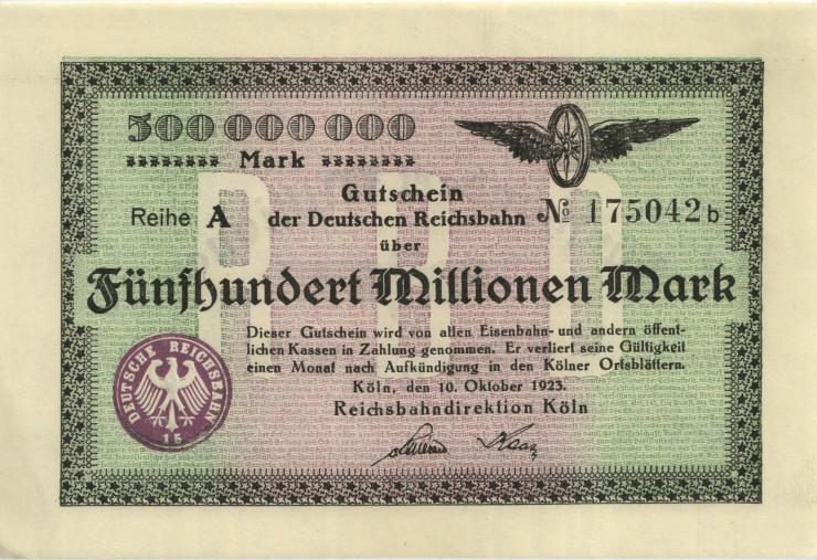 PS1289 Reichsbahn Köln 500 Millionen Mark 1923 (1/1-) 
