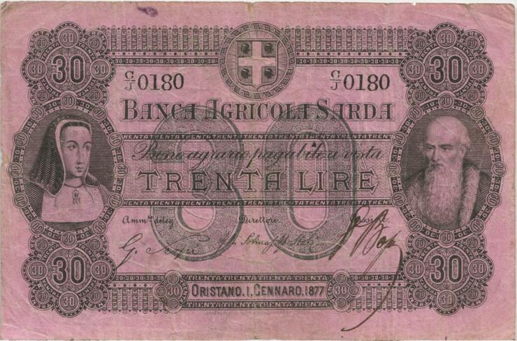 Italien / Italy P.S921c 30 Lire 1877 Oristano (3) 