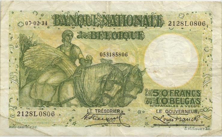 Belgien / Belgium P.101 50 Francs = 10 Belgas 7.2.1934 (3) 