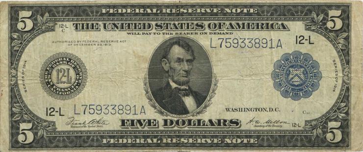 USA / United States P.359b 5 Dollars 1914 (4) 