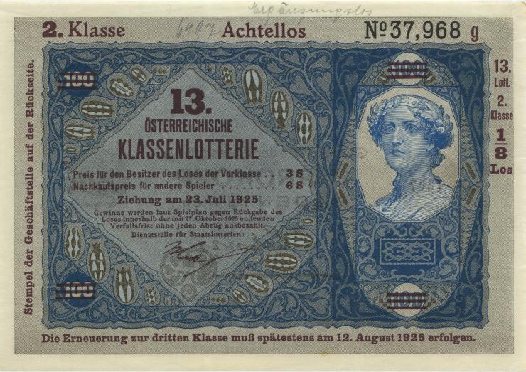 Österreich Donaustaat / Austria P.S154 100 Kronen (1923-37) (1/1-) 13 Klassenlotterie 2. Klasse 