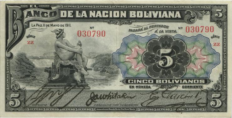 Bolivien / Bolivia P.105b 5 Bolivianos 1911 Serie ZZ (3) 