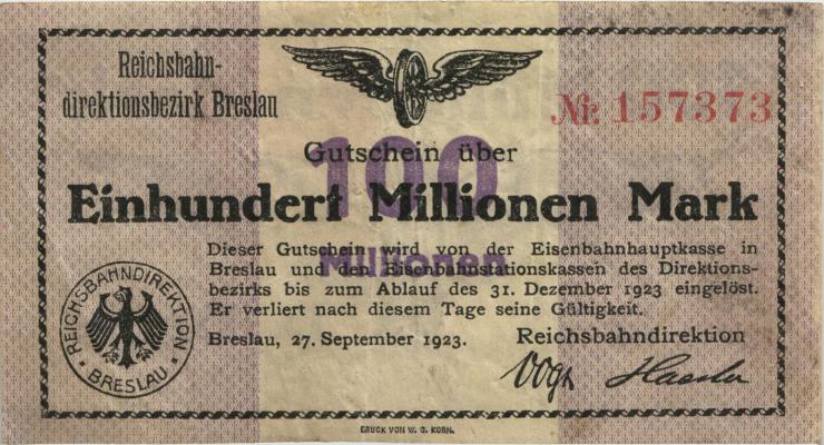 PS1137A Reichsbahn Breslau 100 Millionen Mark 1923 (3) 