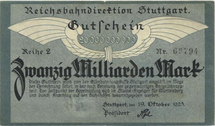 PS1375b Reichsbahn Stuttgart 20 Milliarden Mark 1923 (2) Reihe 2 