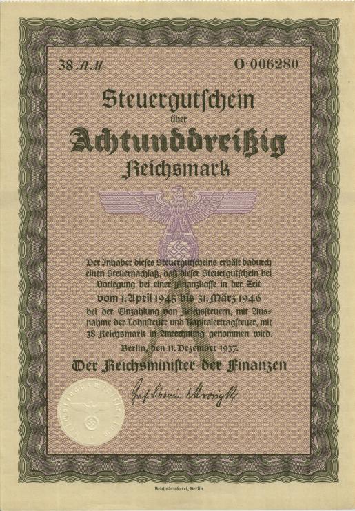 Steuergutschein 38 Reichsmark 1937 (1945) (1/1-) 