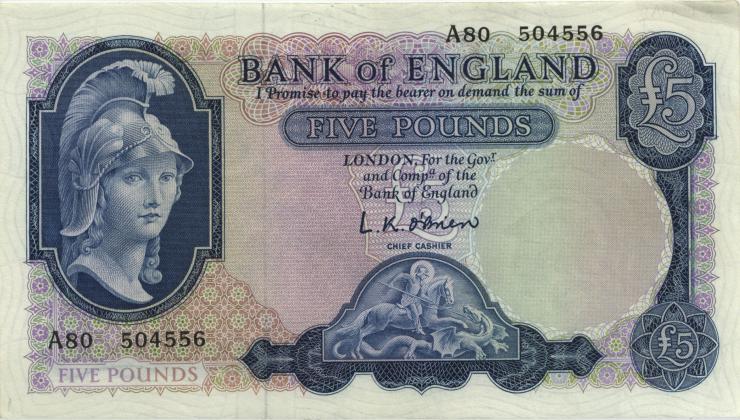 Großbritannien / Great Britain P.371 5 Pounds (1957-61) (2) 