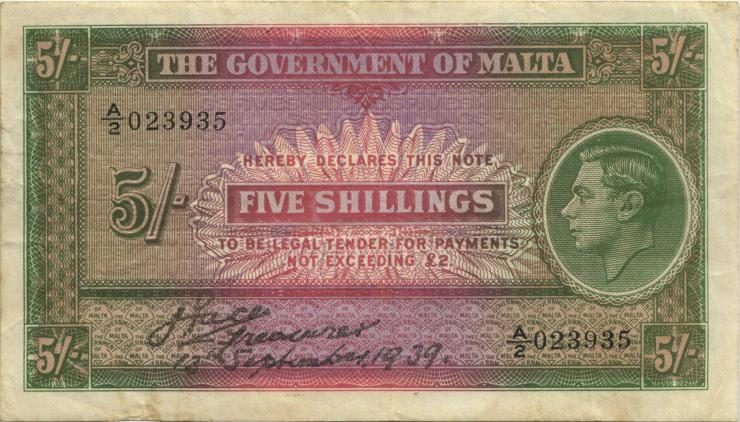 Malta P.12 5 Shillings 13.9.1939 (3) 
