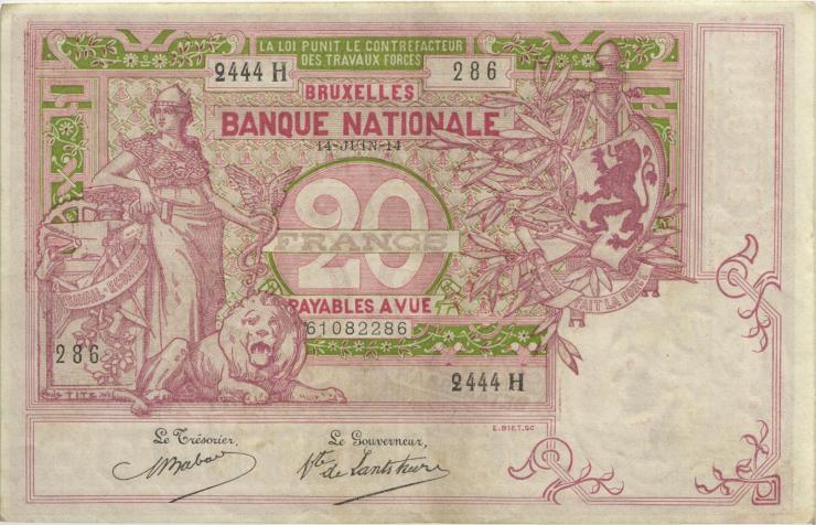 Belgien / Belgium P.067 20 Francs 14.6.1914 (2) 