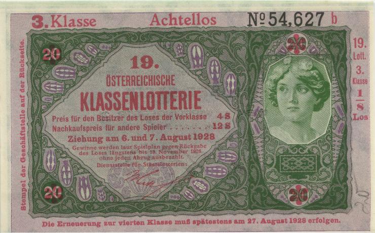 Österreich Donaustaat / Austria P.S152 20 Kronen (1923-37) (1)  19. Klassenlotterie 3. Klasse 