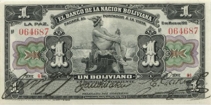 Bolivien / Bolivia P.102b 1 Boliviano 1911 G1 (2) 