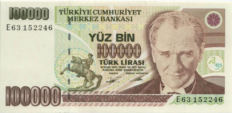 Türkei / Turkey P.205b 100.000 Lira 1970 (1991) (1) Serie E 
