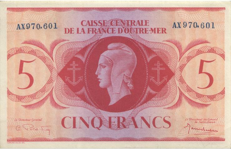 Frz.-Äquatorialafrika / F.Equatorial Africa P.15b 5 Francs L.1944 (1-) 