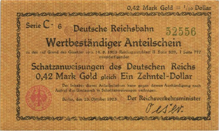 RVM-23a Reichsbahn Berlin 0,42 Mark Gold = 1/10 Dollar 23.10.1923 (2) 