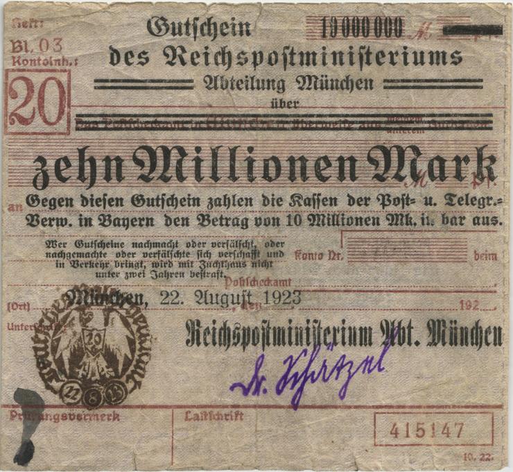 MG508.01 RPM München 10 Millionen Mark 1923 (3-) 