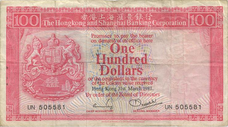 Hongkong P.187c 100 Dollars 31.3.1981 (3) 