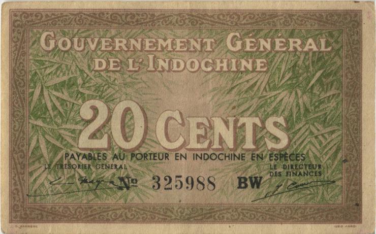 Franz. Indochina / French Indochina P.086d 20 Cents (1939) (3) 
